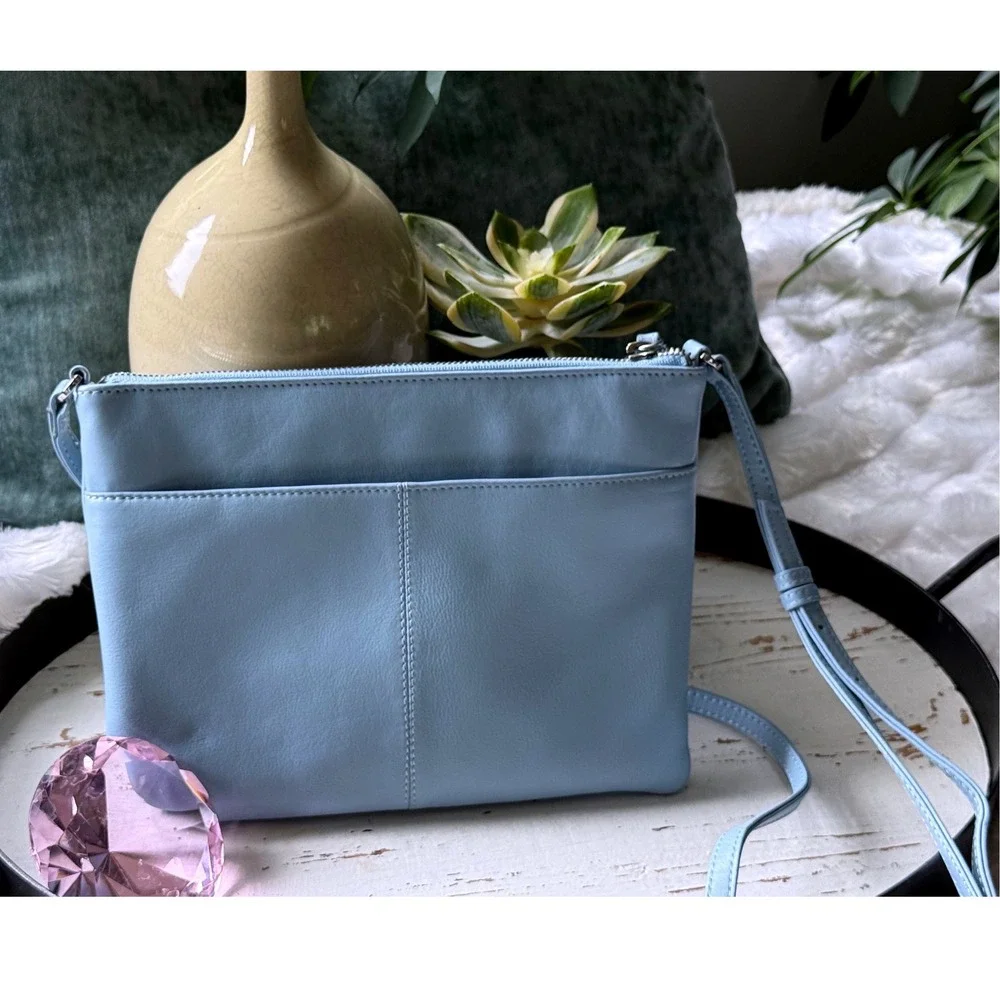ili New York Baby Blue Leather RFID Crossbody Bag Tassel Zip Top Slim Purse